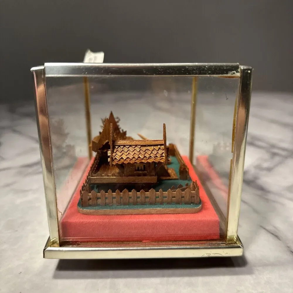 VINTAGE Handmade Teak Wood Thailand House Glass Metal Shadowbox Diorama Souvenir